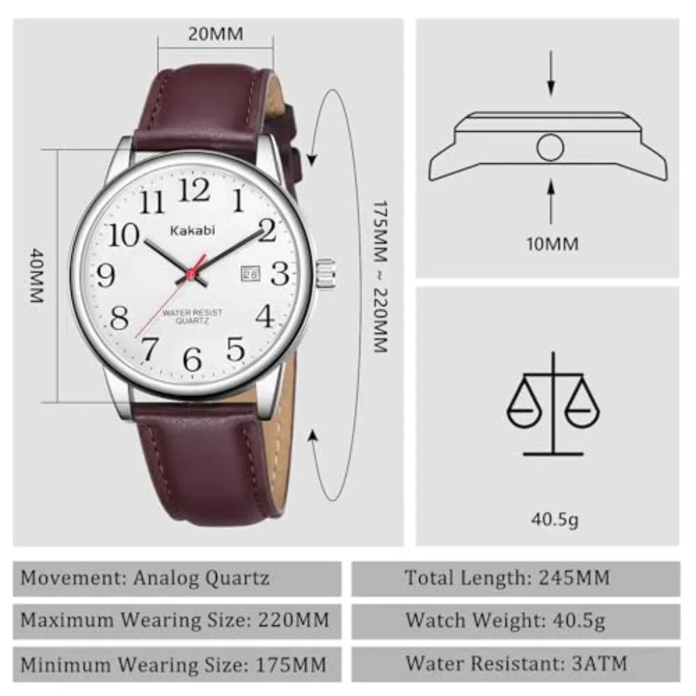 40mm Analog Leather Watch with Date Window, Water Resistant Unisex Timepiece